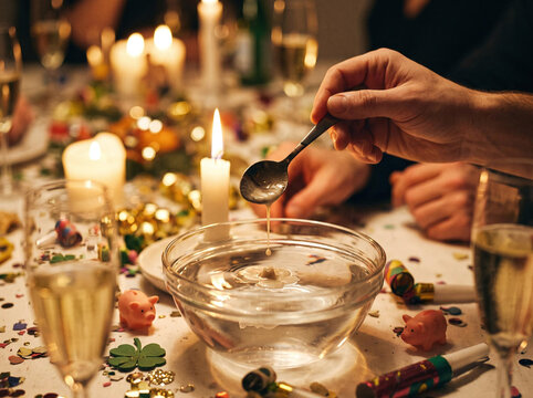 Pouring molten wax into cold water for New Year's Eve fortune telling tradition