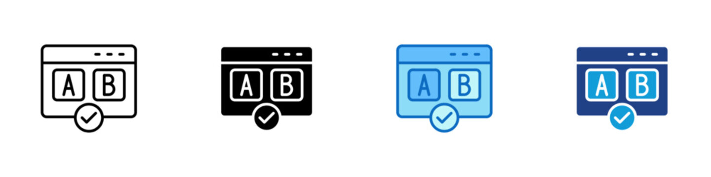 AB Testing Verification Multiple Style Icon Design Vector - Browser with A/B boxes and checkmark representing A/B testing verification, split test approval, and website optimization confirmation
