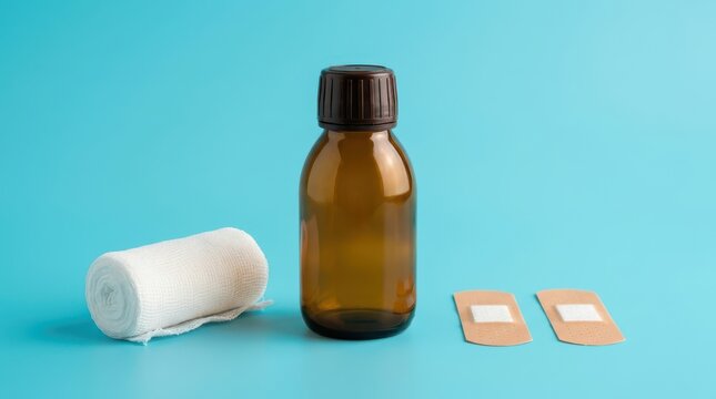 Medical supplies including a brown glass medicine bottle, bandage roll, and adhesive plasters