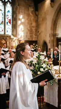 Young woman singing with church choir during a joyful morning Easter service