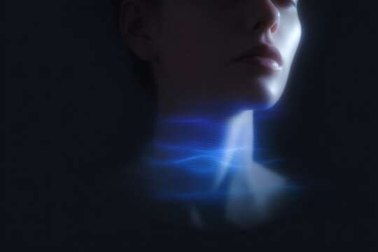 Closeup throat and lower face with blue energy wave for chakra and wellness background design
