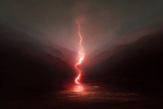 Red root chakra grounding energy column with lightning and reflection in a dramatic landscape for meditation background and primal power