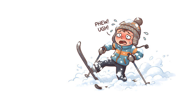 Funny cross-country skier struggling through deep snow, exaggerated tired expression, skis and poles, cute cartoon illustration, white background, copy space.