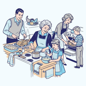 Retro vintage family cooking traditional Thanksgiving dinner in sky bl