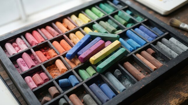 Set of colorful artist pastels in a wooden box