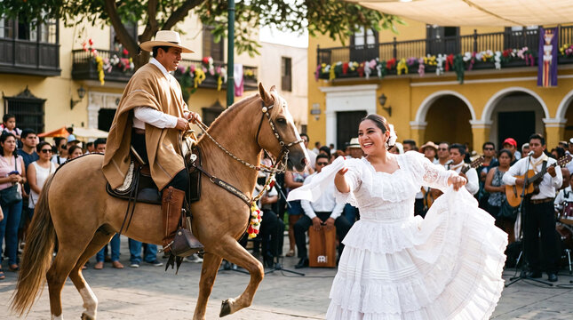 Peruvian marinera dance performance with paso horse and traditional dancer