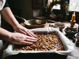 Obraz premium Baker pressing traditional Italian panforte fruitcake into a tin for Christmas