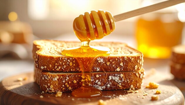 Golden Honey Dripping Over Fresh Toasted Whole Wheat Bread Slices