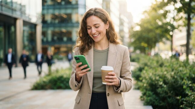 Professional woman smiling while using her smartphone outdoors
