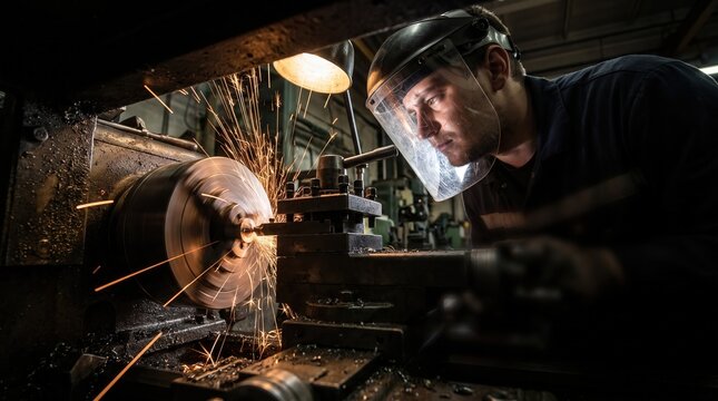 Industrial machinist operating a metal lathe machine with sparks flying, capturing skilled craftsmanship and manufacturing precision for industry marketing and recruitment.