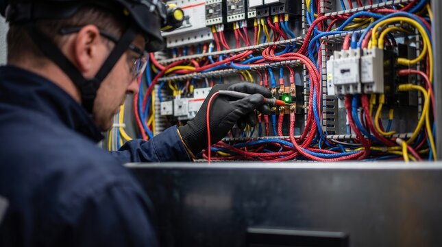 Electrician in hard hat testing circuit breaker panel with multimeter probe for industrial maintenance, representing technical expertise in electrical infrastructure and safety inspection.