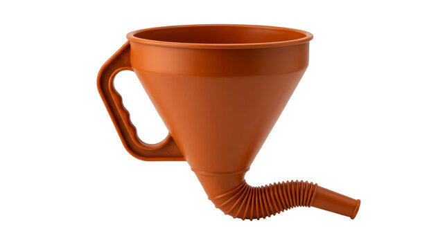 Compact sleek brown funnel apparatus with handle, concept for travel and aviation tool organization, efficient cargo and liquid transfer systems
