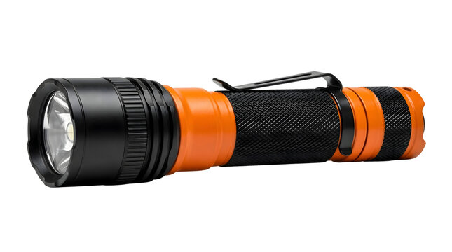 Compact sleek orange flashlight with sturdy black grip and adjustable strap, concept for travel essentials, aviation safety tools, and outdoor adventure apparatus