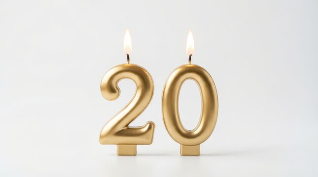 Gold number 20 birthday candles with flames isolated on white background