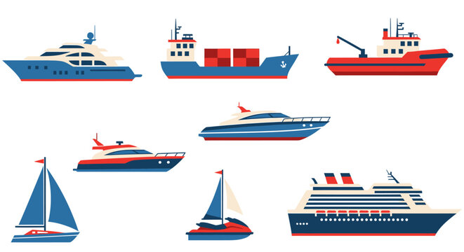 A collection of eight flatstyle illustrations of various watercraft including ships yachts and sailboats on a white background