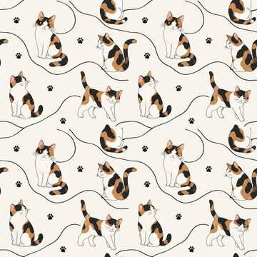 Cute Cat Illustration with Paw Prints Repeatable Pattern