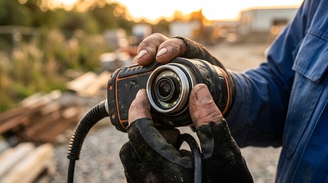 Worker holding industrial inspection camera with light ring for pipe check
