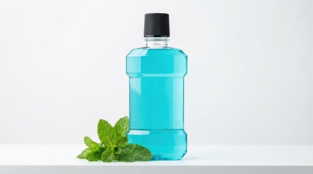 Blue mouthwash in a plastic bottle with fresh mint leaves isolated on white background