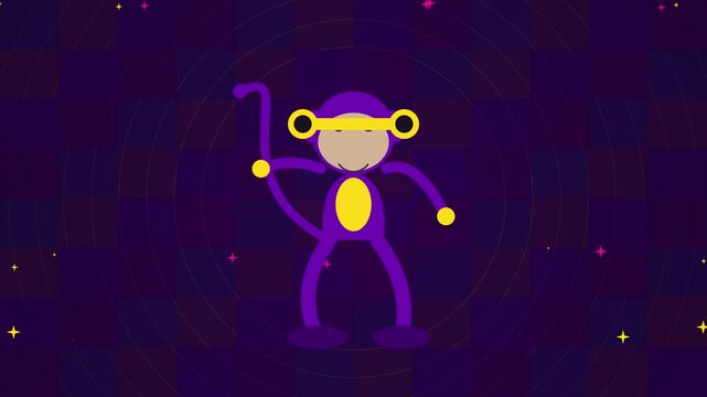 Cute Purple Monkey Character Dancing with Headphone Cyber Space Background 2D Motion Graphics