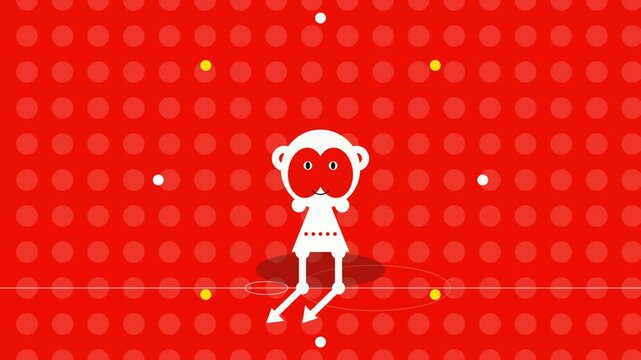 Cute Animated White Monkey Character Shy Motion Graphics on Red Polka Dot Background