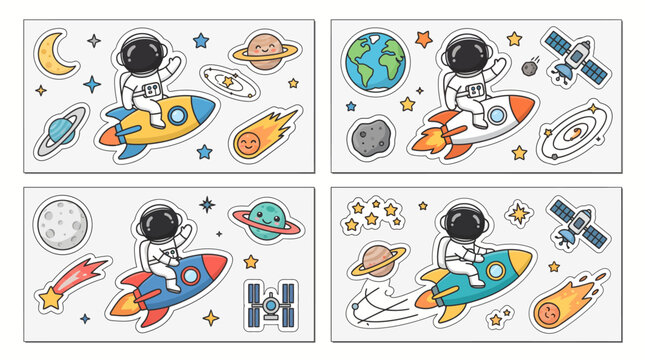 Cute astronaut riding a rocket sticker set with planets stars and space elements