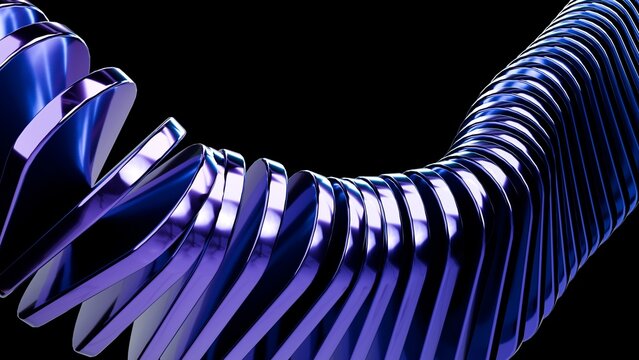 Abstract 3D rendering of a curved row of polished metallic purple plates arranged in a dynamic spiraling sequence against a solid black background