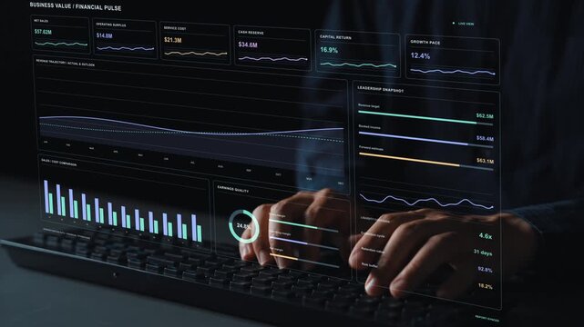 AI specialist works at a keyboard. Financial reporting connects profitability and budget information with cash management, using forecasts and performance measures to support business planning.