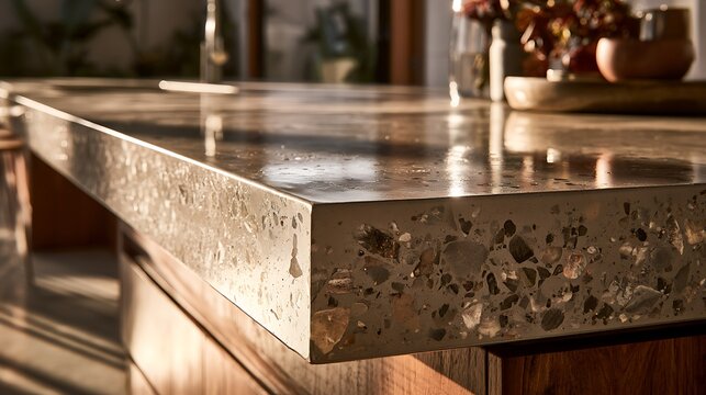 Close up of a polished concrete kitchen countertop with exposed aggregate.