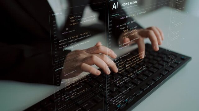 A person types on a keyboard. An AI engineering workspace brings planning agents and coding agents together, illustrating how delegated work can progress through building and quality checks.