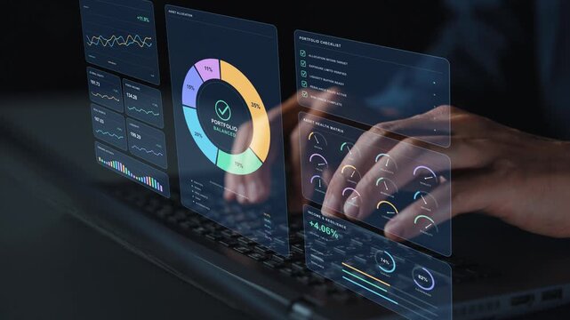 An investment analysis workspace combines asset distribution with return and risk measures, supporting review of diversification and portfolio rebalancing.