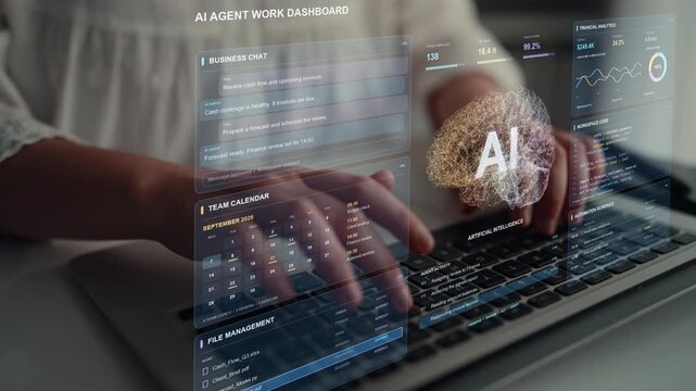 Work continues on a laptop. Conversational AI connects finance requests with reports and approval steps, combining task coordination with visibility into business accounts.