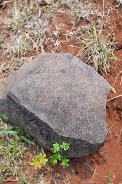 Top High Angle View of Large Dark Stone Sitting on Red Soil Ground