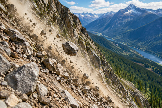 A small stone tumbling down a steep slope, triggering a cascade of rocks and dust.