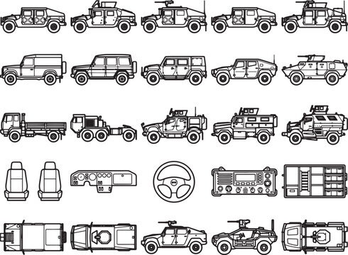 A collection of military vehicle illustrations, showcasing a variety of troop transports, trucks, and support equipment in a clean, vectorized format.