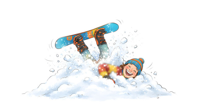 Happy snowboarder falling into a pile of snow, only skis visible, hilarious expression, whimsical cartoon style, white background, copy space.