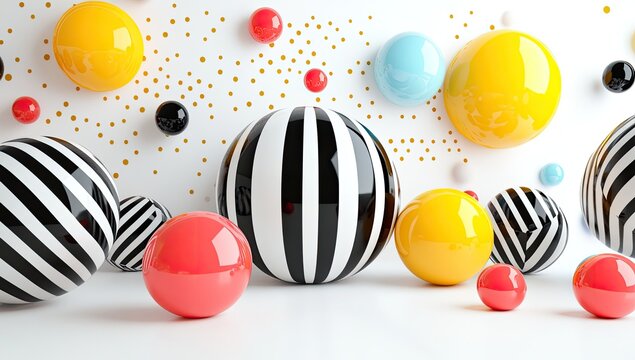 Colorful, glossy spheres in various sizes and patterns against a white backdrop dotted with gold