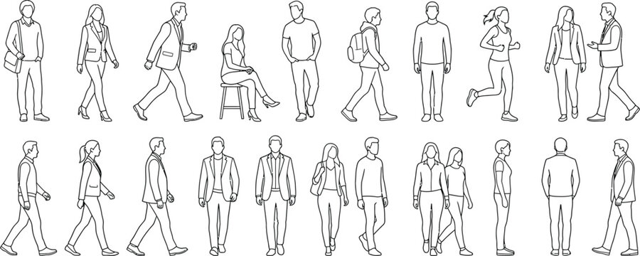 Diverse minimalist human silhouettes CAD architectural drawings isolated on transparent background for architectural visualization and design projects