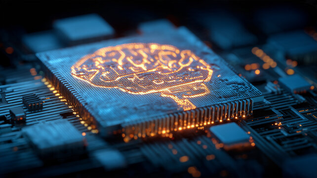 A brain symbol displayed on a computer chip represents artificial intelligence and advanced cognitive computing technology.
