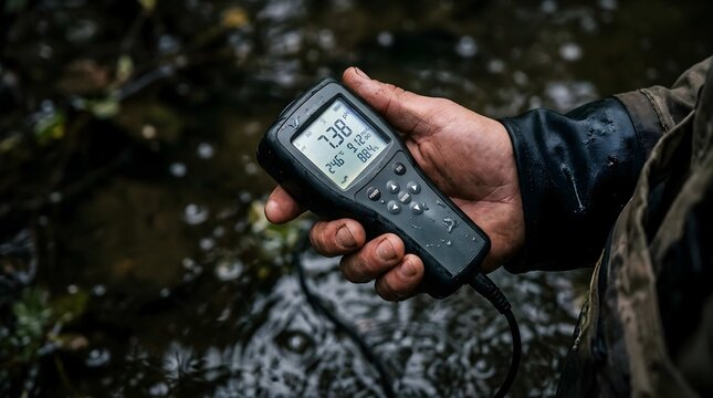 Person holding digital water testing meter outdoors near river