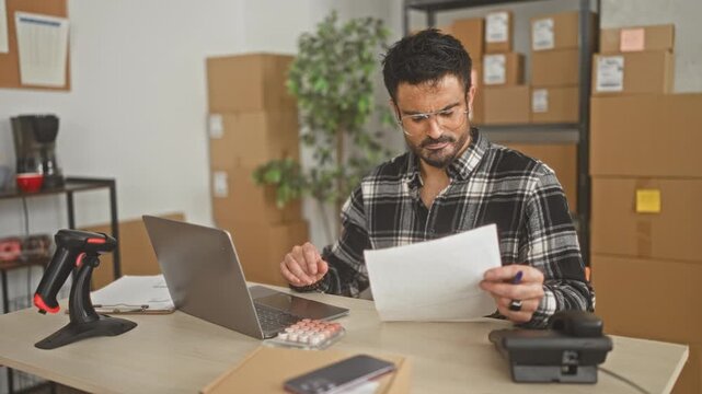 Man holds documents and taps calculator at laptop amid stacked packages in building; focused productivity.