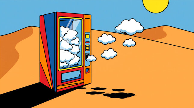 Colorful vending machine dispensing clouds in a desert landscape