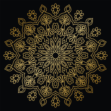 Decorative mandala gold mandala with elegant linework against a deep black background.