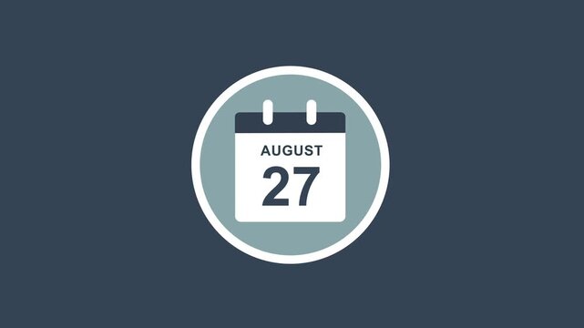 Minimalist flat calendar animation featuring august 27th date for business scheduling, project management, deadline planning, and digital marketing creation presentations