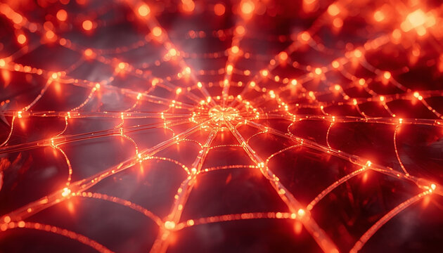 Glowing red spiderweb crafted from bright fairy lights glowing intensely in the dark creates a spooky holiday Halloween celebration atmosphere filled with dramatic holiday illumination and festive glo