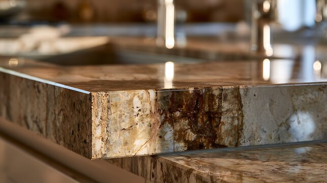 Close up of polished brown granite kitchen countertop edge.