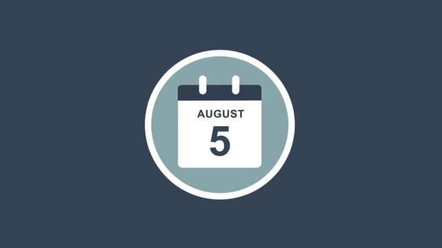 Minimalist flat calendar animation featuring august 5th date for business scheduling, digital planning, time management, and corporate event reminders in a clean style