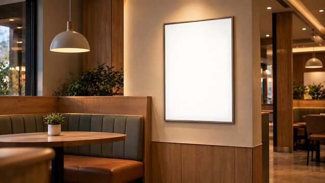 Modern cafe interior with a blank illuminated frame on the wall, booth seating, and warm lighting, perfect for a restaurant or coffee shop setting.