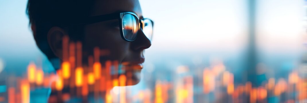 A person wearing glasses looks thoughtfully at a blurred cityscape with overlaid financial charts and glowing data points.