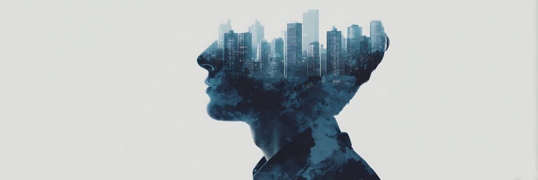 Silhouette of a man's profile blended with a cityscape, symbolizing urban life and modern thinking.