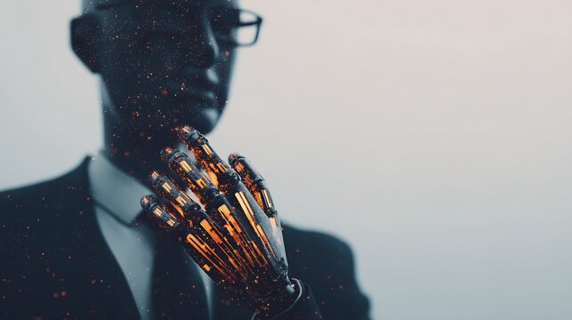 A person in a suit wearing glasses holds a glowing robotic hand, symbolizing the fusion of human intelligence and advanced technology.